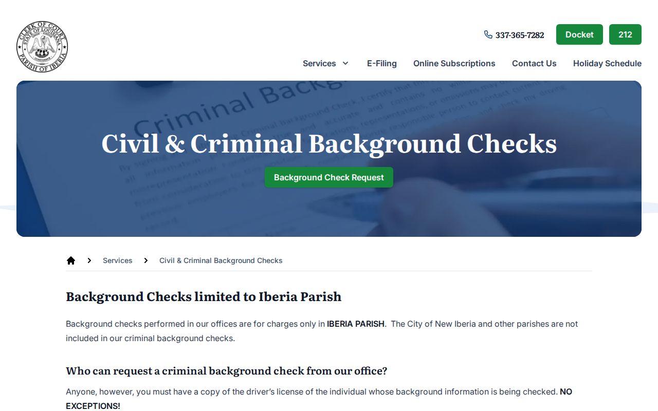 Iberia Parish warrant search: clerk of court records service page with fees and ID rules