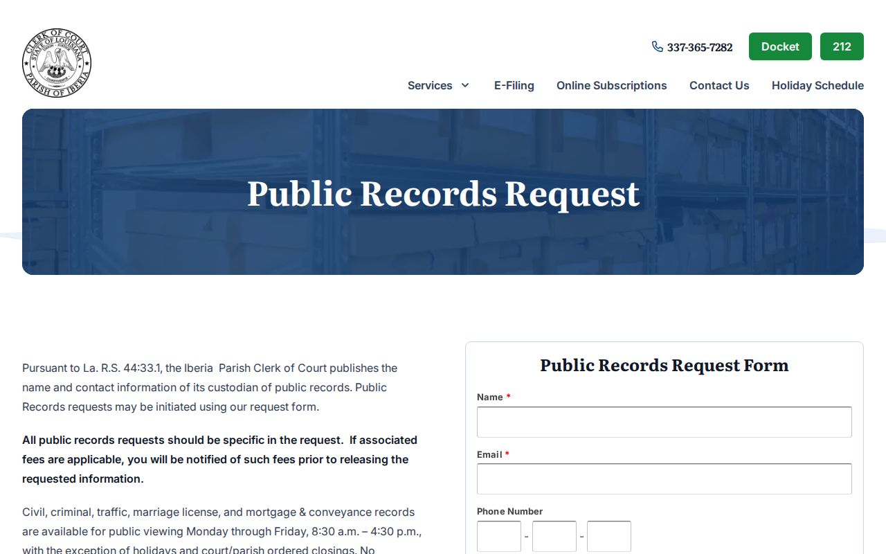 Iberia Parish warrant search: clerk access hours and sealed juvenile record notice