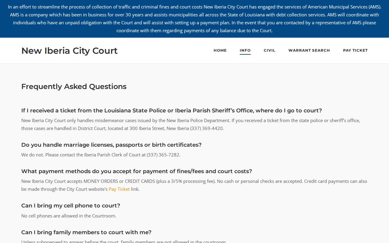 Iberia Parish municipal court warrant: New Iberia City Court jurisdiction and payment method notice