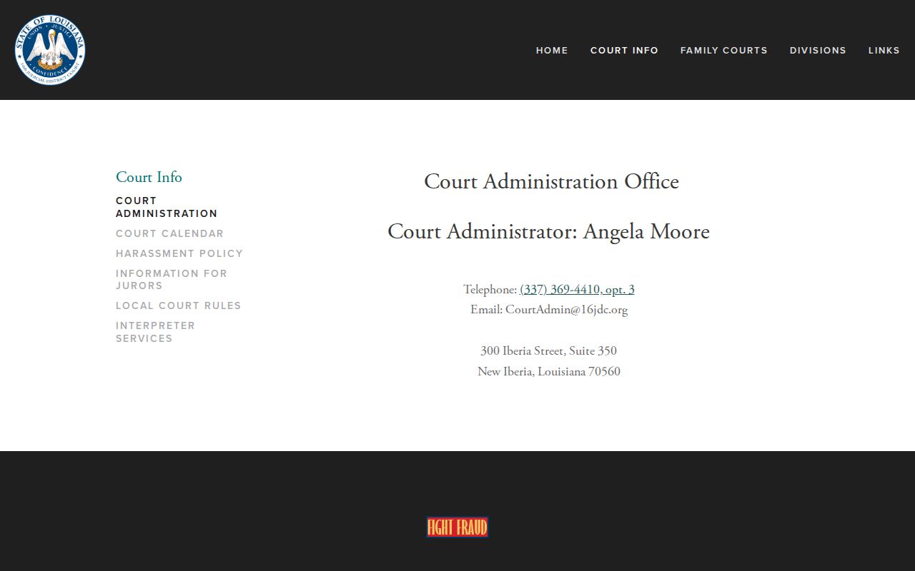 Iberia Parish warrant records: 16th Judicial District Court administrator contact block