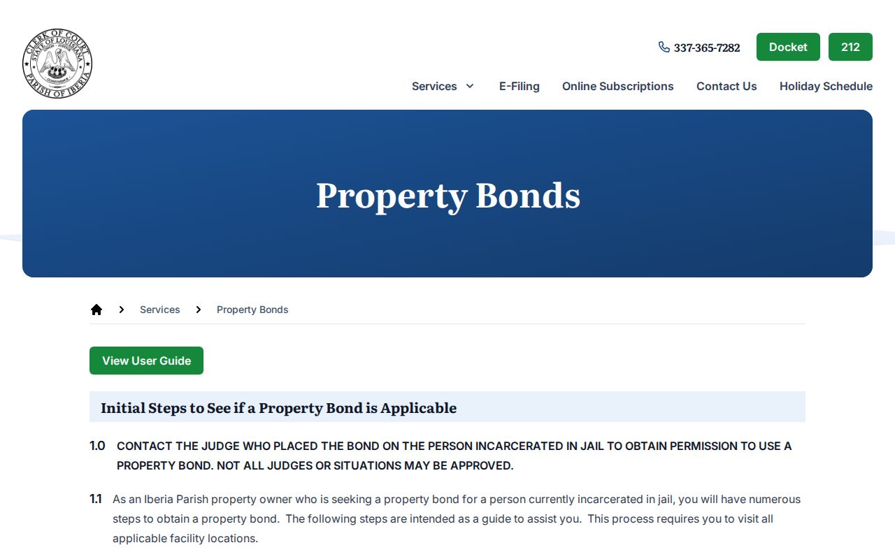 Iberia Parish warrant records: property bond steps, fees, and clerk routing