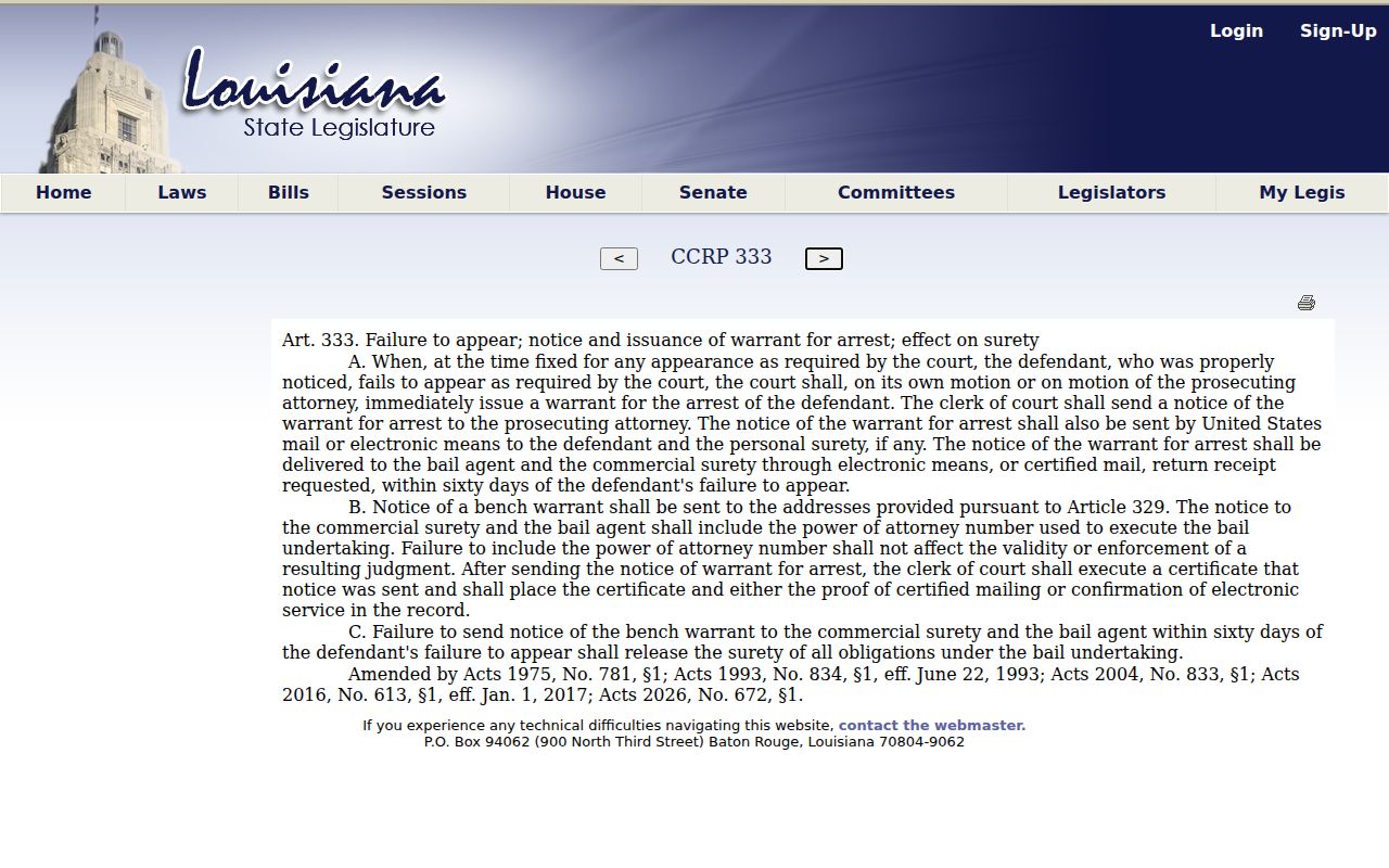 Iberia Parish warrant records: Article 333 failure-to-appear bench warrant rule