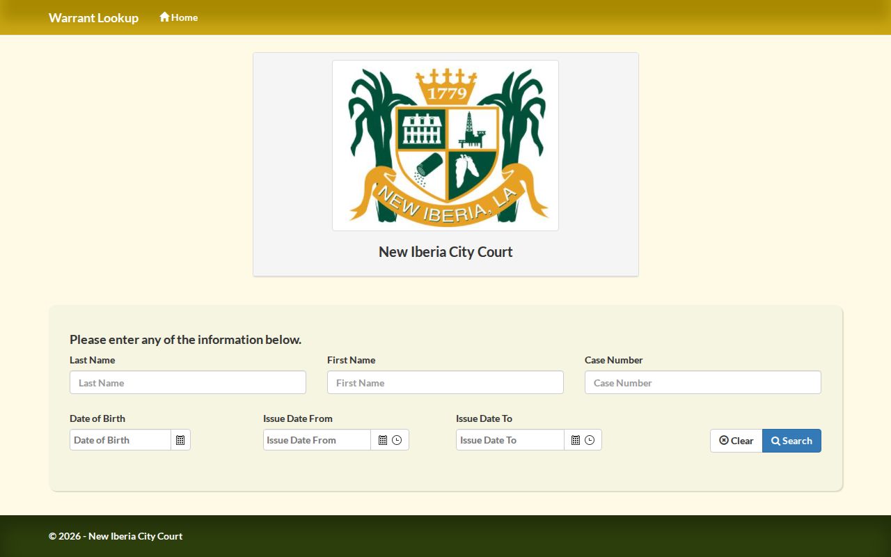 Iberia Parish traffic warrant: New Iberia City Court warrant lookup form